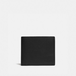 Men Coach 3 In 1 Wallet With Signature Canvas Detail Pebble Leather Billfolds Black / Khaki | IN_CH49147