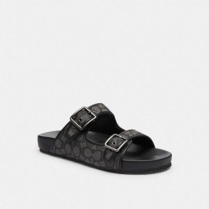 Men Coach Buckle Strap In Signature Jacquard Sandals Black | IN_CH78133
