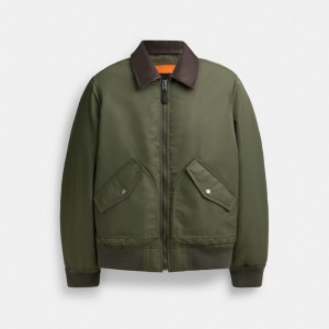 Men Coach Woven With Leather Collar Jackets Green | IN_CH47937