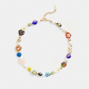 Women Coach Beaded Charm Necklace Gold | IN_CH44235