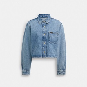 Women Coach Cropped Denim Button Down Tops Blue | IN_CH92014