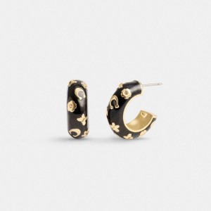 Women Coach Enamel Signature Floral Huggie Earrings Gold / Black | IN_CH82255