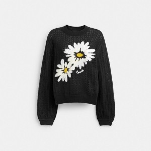 Women Coach Floral Crewneck Sweaters Black | IN_CH58696