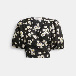 Women Coach Floral Wrap Blouse Tops Black | IN_CH75168