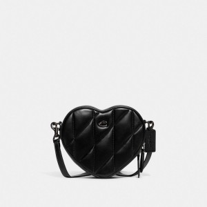 Women Coach Heart With Quilting Pewter Crossbody Bags Black | IN_CH12775
