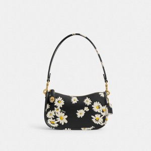 Women Coach Swinger 20 With Floral Print Brass Shoulder Bags Black Multicolor | IN_CH77856