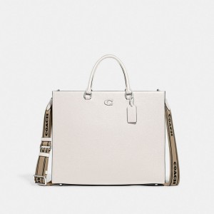 Women Coach Tote 40 With Signature Canvas Chalk Tote Bag White | IN_CH63521