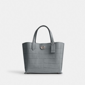 Women Coach Willow 24 Embossed Crocodile Tote Bag Grey Blue | IN_CH49808