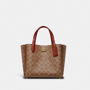 Women Coach Willow 24 In Signature Tote Bag Brown / Red | IN_CH78796