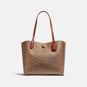 Women Coach Willow In Signature Tote Bag Brown / Red | IN_CH77231
